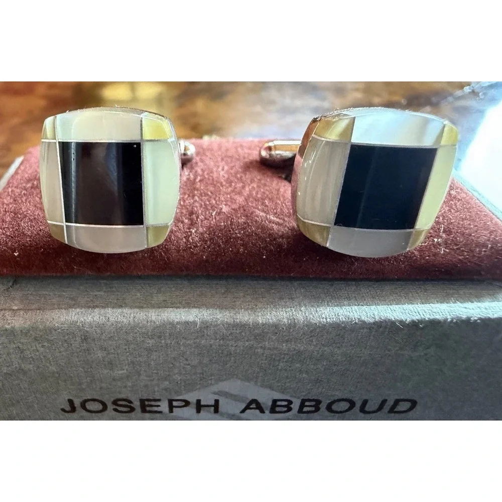 VTG Joseph Abboud Cufflinks Onyx Mother of Pearl Inlay Silver Tone Grid W/ Box